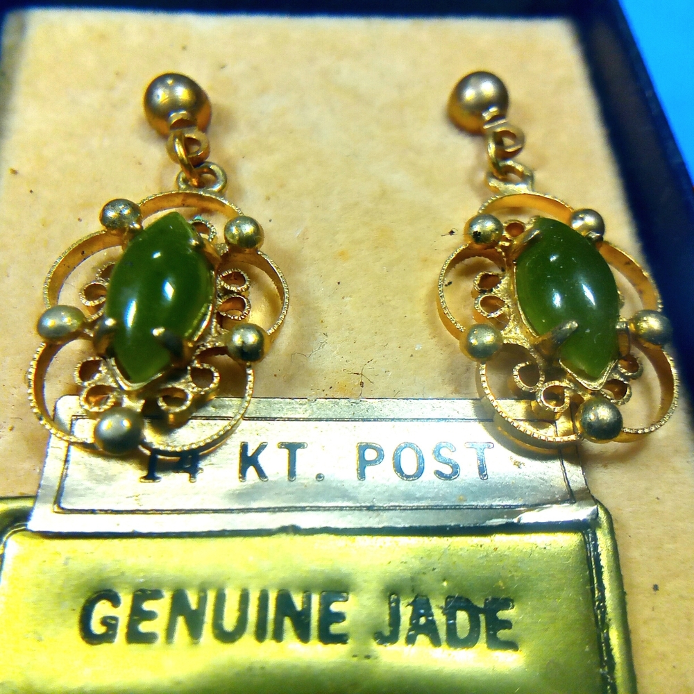 Elegant Gold and Green Vintage Jade Earrings 14k Posts
